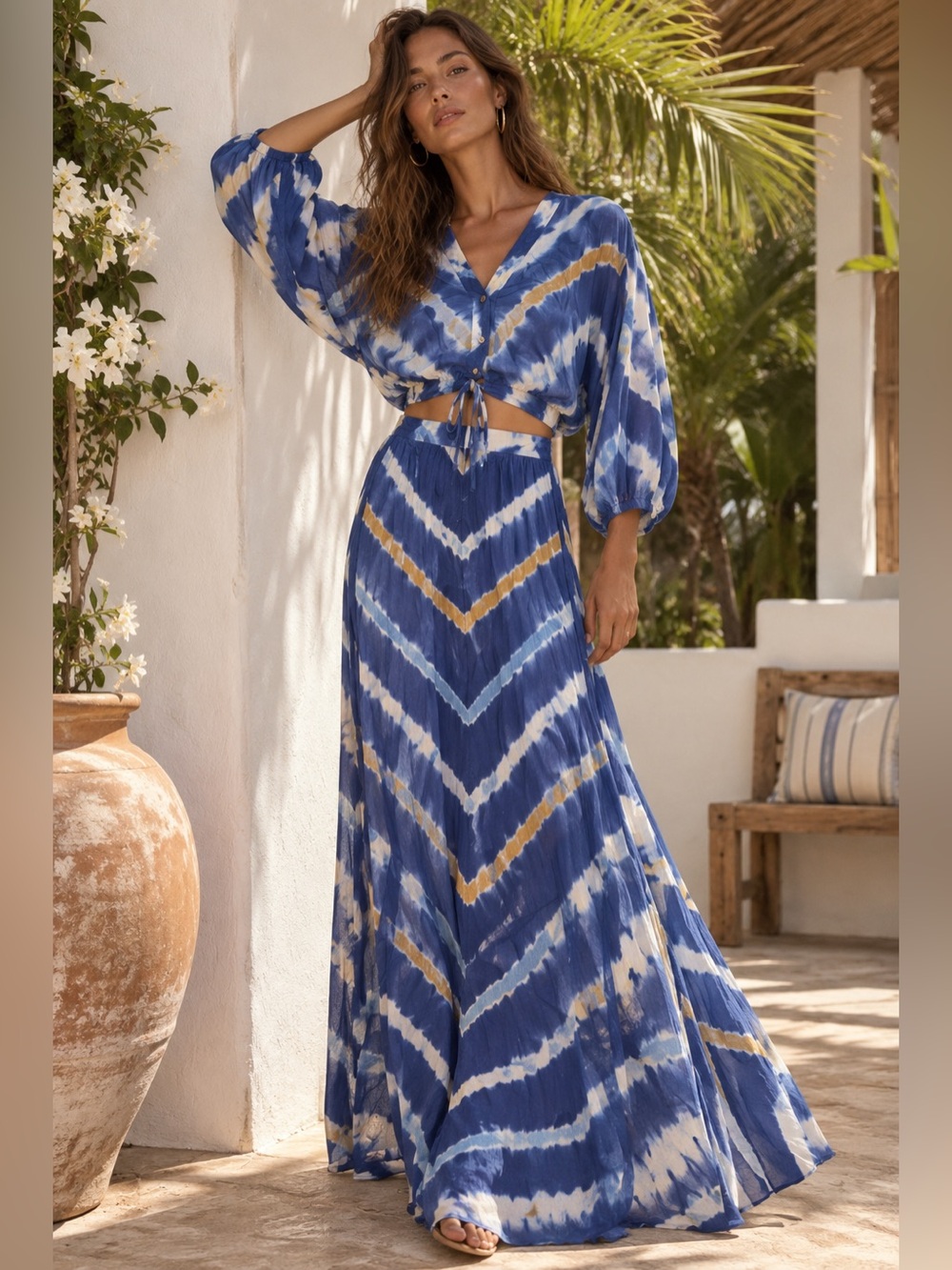 Cara Cara Perrin drawstring top & Melanie maxi skirt cotton silk tie dye set M
